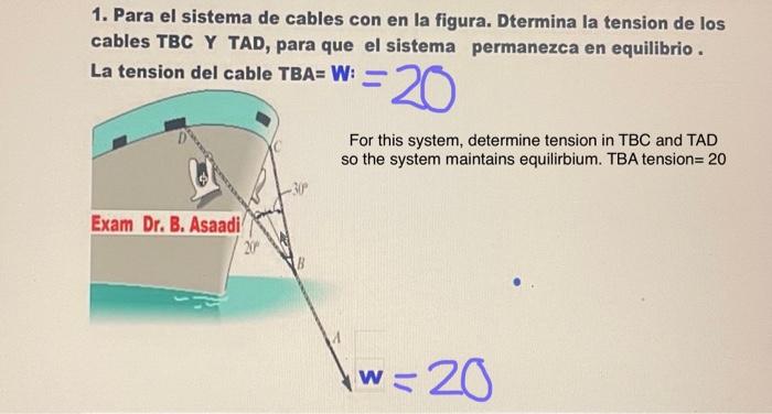 1. Para el sistema de cables con en la figura. Dtermina la tension de los cables TBC Y TAD, para que el sistema permanezca en