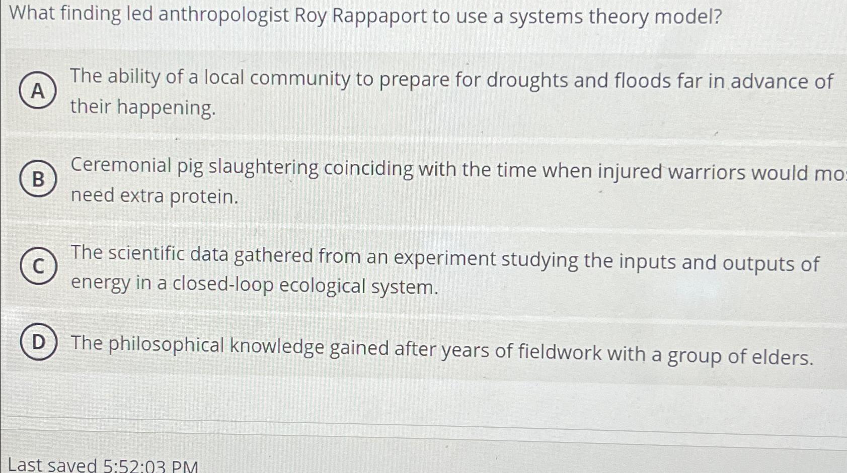 Solved What finding led anthropologist Roy Rappaport to use | Chegg.com