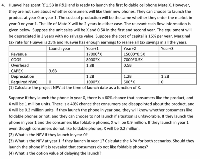 Solved 4. Huawei has spent ¥1.5B in R&D and is ready to | Chegg.com