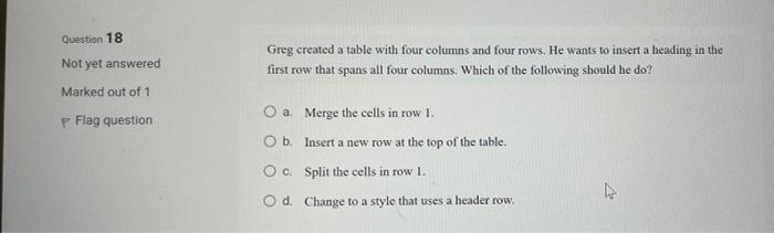 Solved Question 18 Greg created a table with four columns | Chegg.com