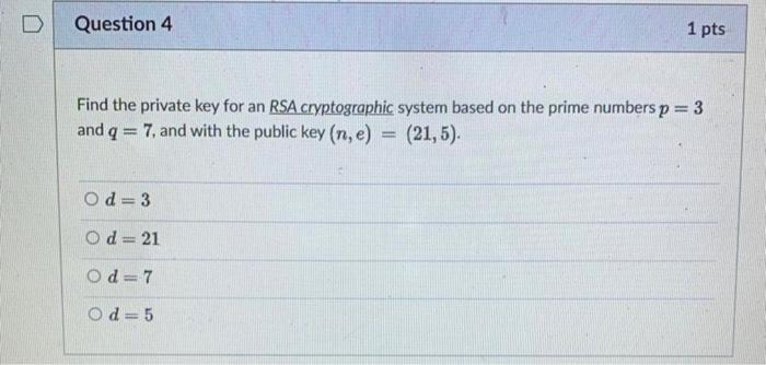 Solved Question 4 1 Pts Find The Private Key For An RSA Chegg