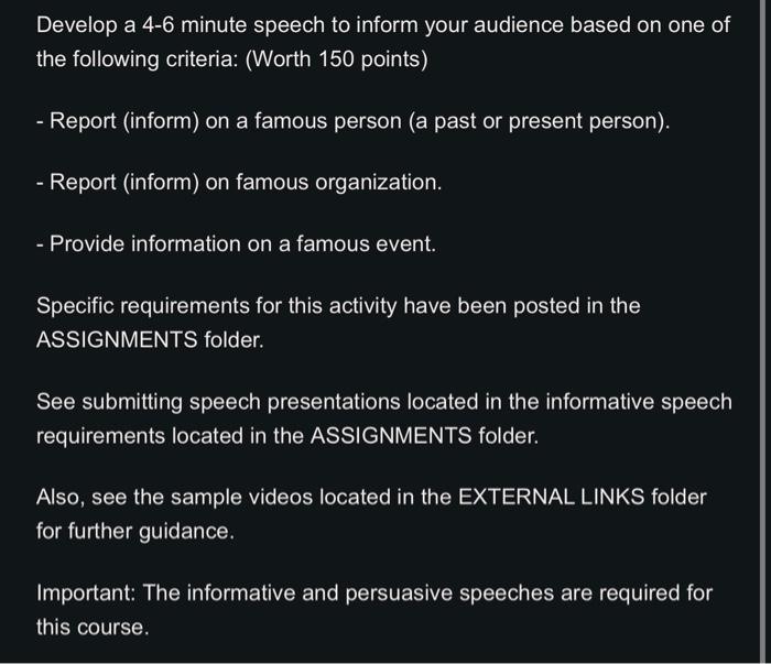 Develop a 46 minute speech to inform your audience