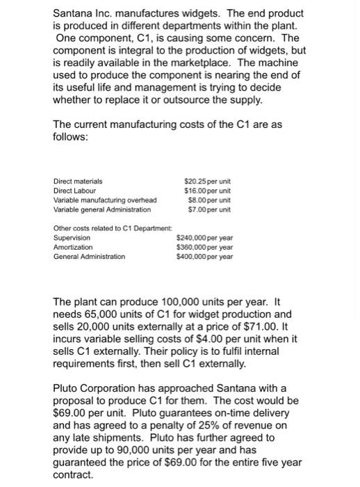 Santana Inc. manufactures widgets. The end product is produced in different departments within the plant. One component, C1, 