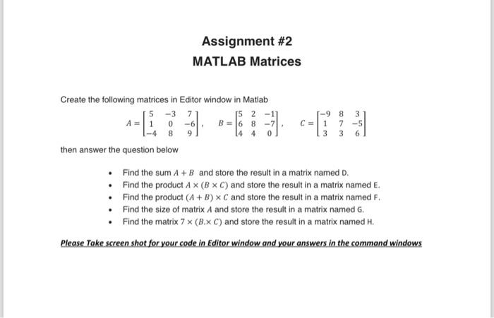 Solved Assignment \#2 MATLAB Matrices Create The Following | Chegg.com