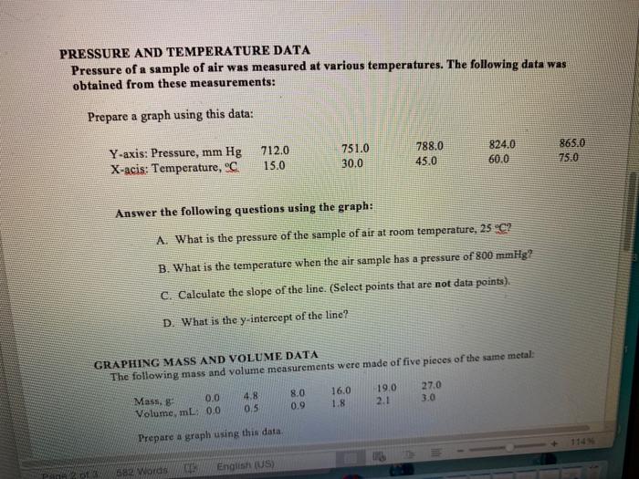 Solved PRESSURE AND TEMPERATURE DATA Pressure Of A Sample Of | Chegg.com