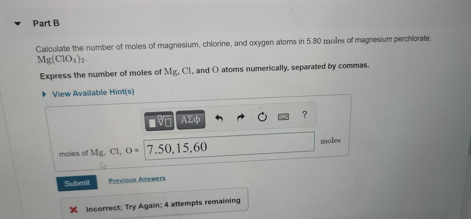 Solved Part B Calculate the number of moles of magnesium,