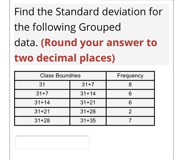 Solved Find the Standard deviation for the following Grouped | Chegg.com