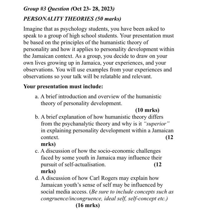 Solved Group \#3 Question (Oct 23- 28, 2023) PERSONALITY | Chegg.com