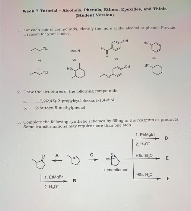 Solved Week Tutorial Alcohols Phenols Ethers Chegg Com