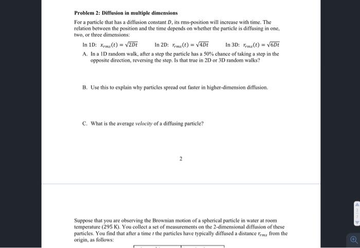Solved Problem 2: Diffusion in multiple dimensions For a | Chegg.com