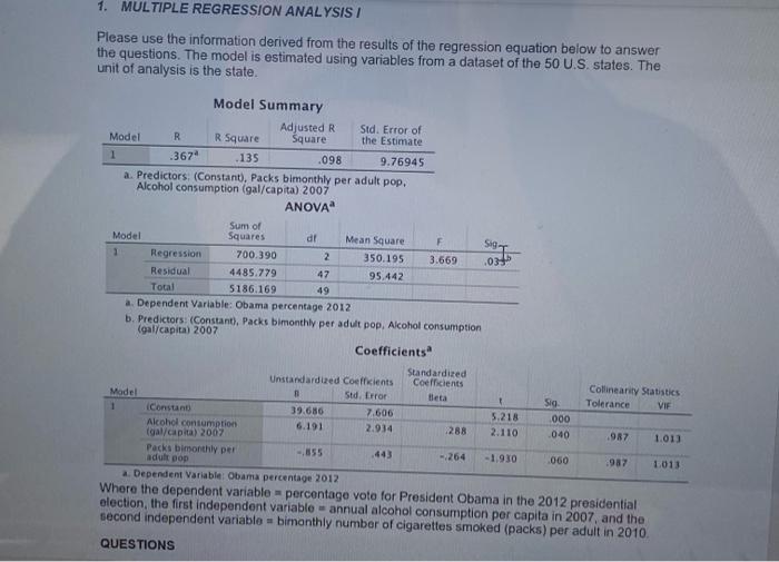 Solved 1. MULTIPLE REGRESSION ANALYSIS Please use the | Chegg.com