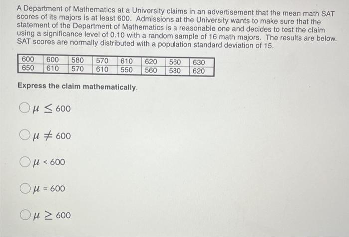Solved A Department of Mathematics at a University claims in | Chegg.com