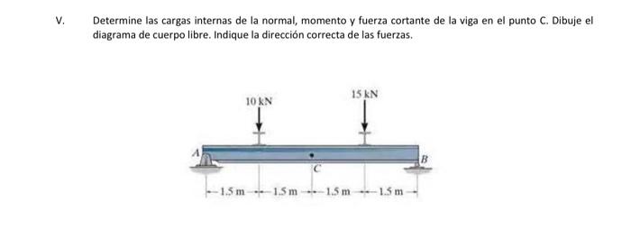 Determine las cargas internas de la normal, momento y fuerza cortante de la viga en el punto \( C \). Dibuje el diagrama de c