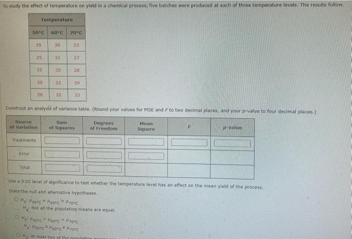 Solved To study the effect of temperature on yield in a | Chegg.com