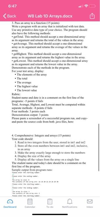 Solved 6:47 (Back W8 Lab 10 Arrays.docx 3. Pass an array to | Chegg.com