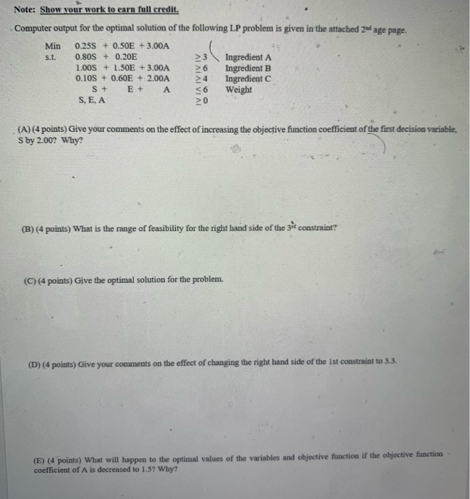 Solved Note: Show your work to earn full credit. Computer | Chegg.com