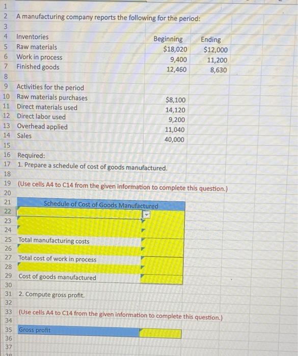Solved 1 2 A manufacturing company reports the following for 
