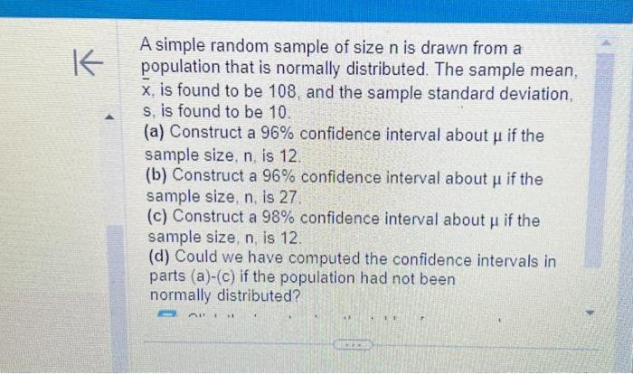 Solved A simple random sample of size n is drawn from a | Chegg.com