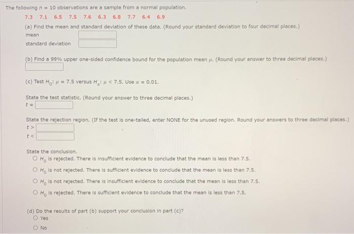 Solved The Following N = 10 Observations Are A Sample From A | Chegg.com