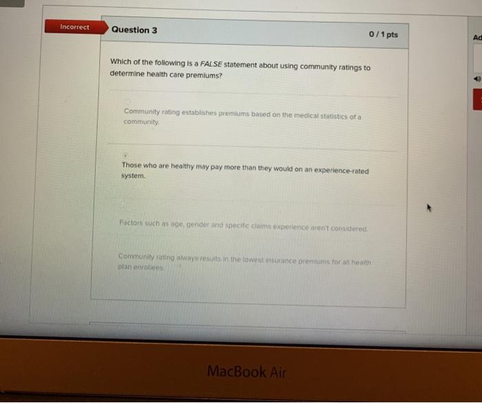 Incorrect Question 3 0/1 pts Ad Which of the following is a FALSE statement about using community ratings to determine health
