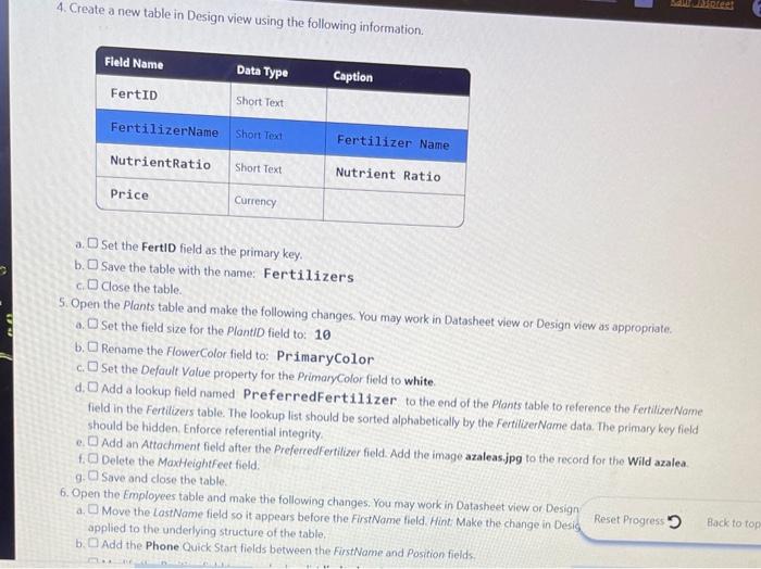 create a new table in design view using the following information