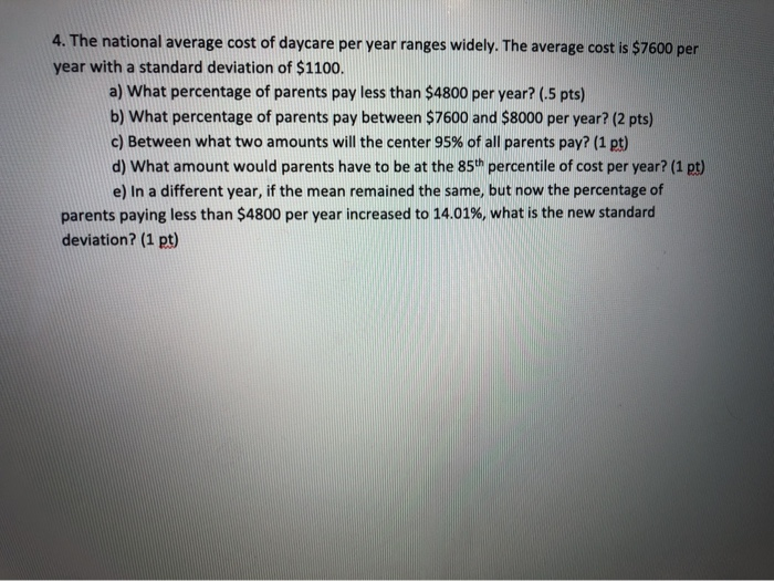 Solved 4. The national average cost of daycare per year