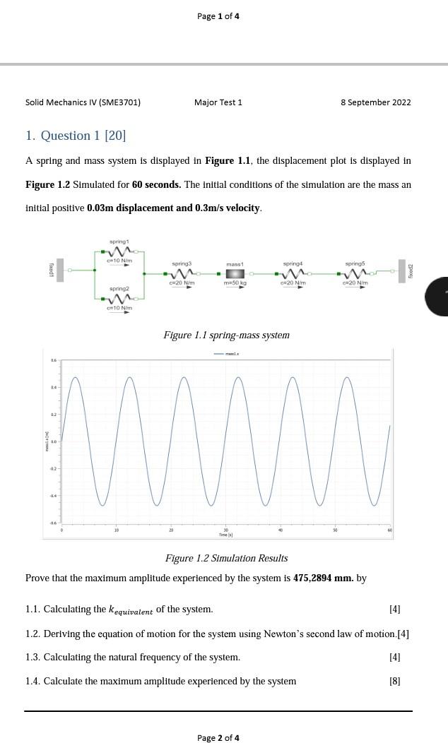 Solved 1. Question 1 [20] A spring and mass system is | Chegg.com