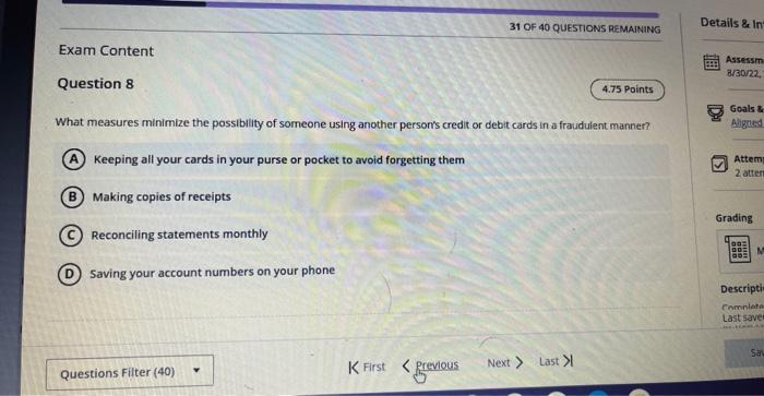 What measures minimize the possibility of someone using another persons credit or debit cards in a fraudulent manner?
Keepin