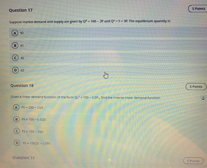 Solved Question 17 5 Points Suppose market demand and supply | Chegg.com