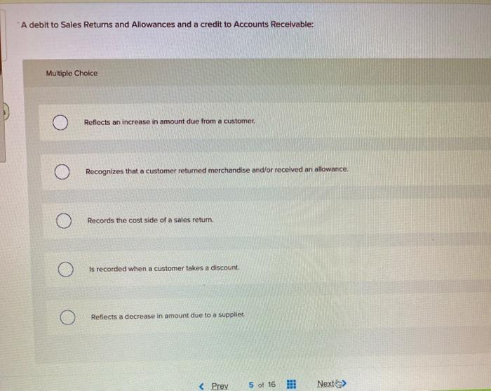 Solved A debit to Sales Returns and Allowances and a credit | Chegg.com