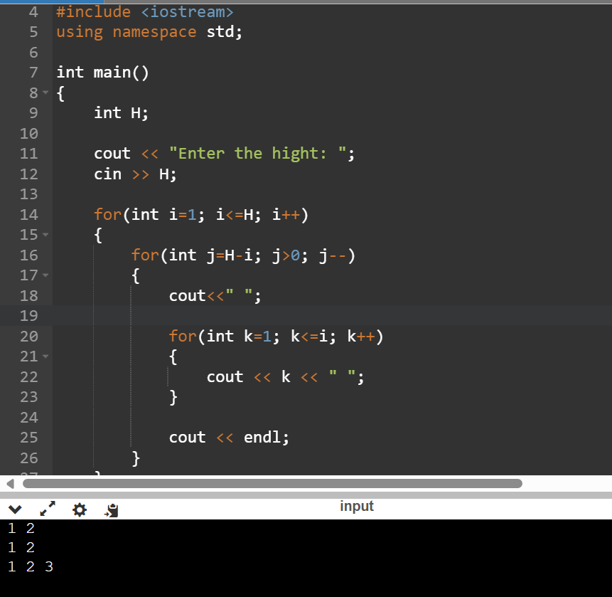 Solved Write a C++ program to print numbers in a triangle | Chegg.com
