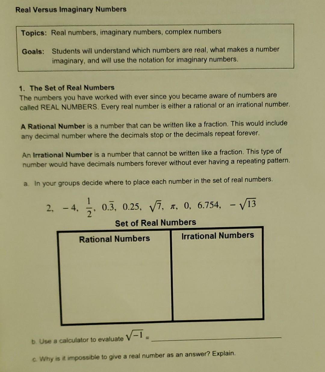 Solved Real Versus Imaginary Numbers Topics: Real numbers, | Chegg.com