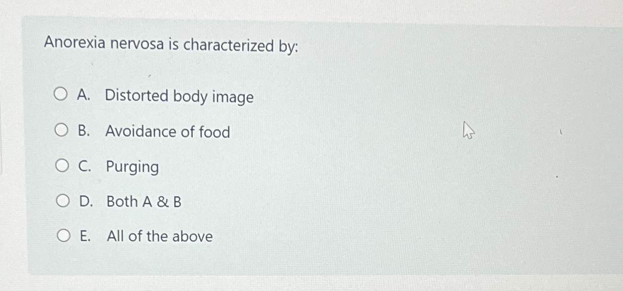 Solved Anorexia nervosa is characterized by:A. ﻿Distorted | Chegg.com