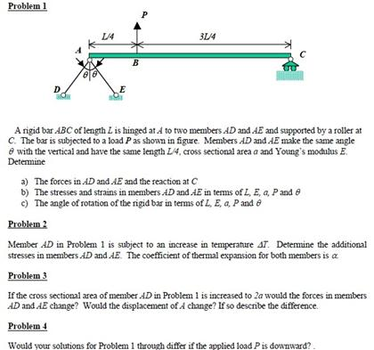 Solved A Rigid Bar Abc Of Length L Is Hinged At A To Two Chegg Com