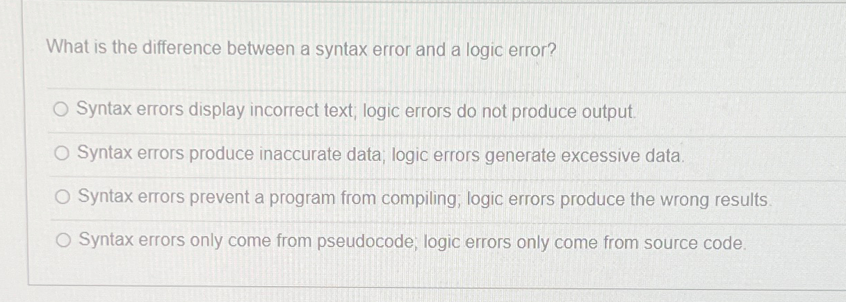 Solved What is the difference between a syntax error and a | Chegg.com