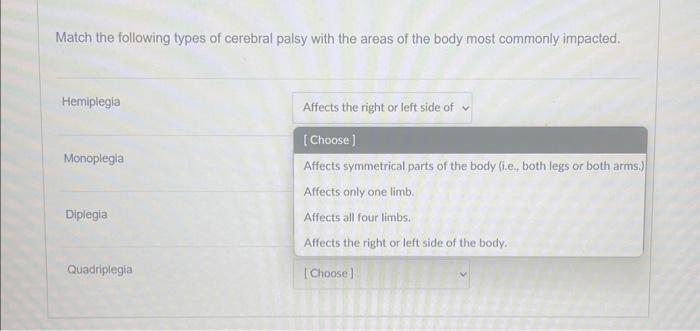 Match the following types of cerebral palsy with the areas of the body most commonly impacted.
Hemiplegia
Monoplegia
Diplegia