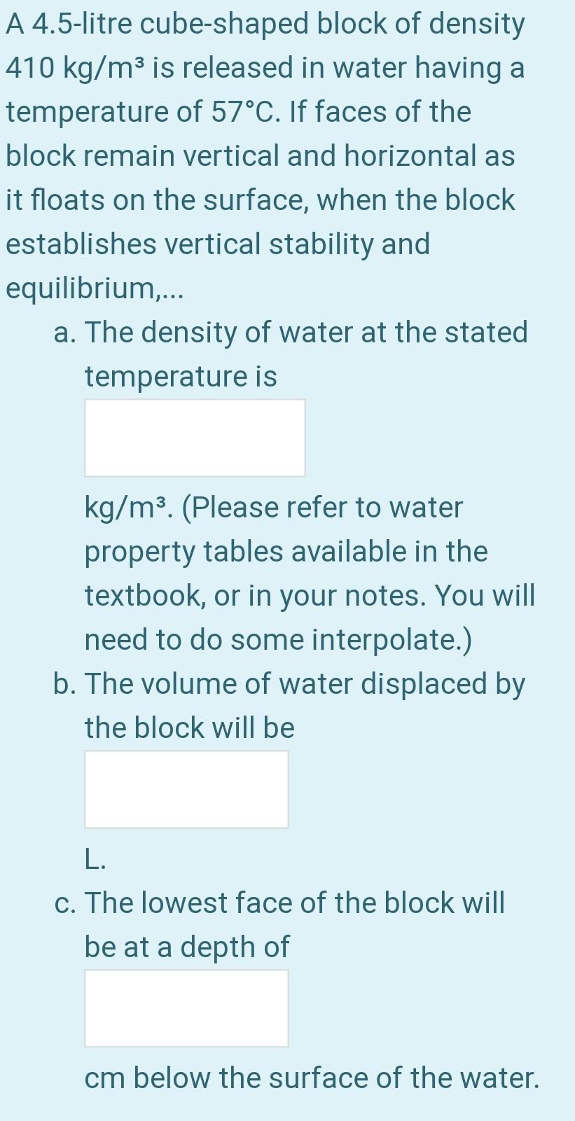 Solved A 4.5-litre cube-shaped block of density 410 kg/m3 is | Chegg.com