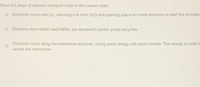 Solved Place the steps of electron transport chain in the | Chegg.com