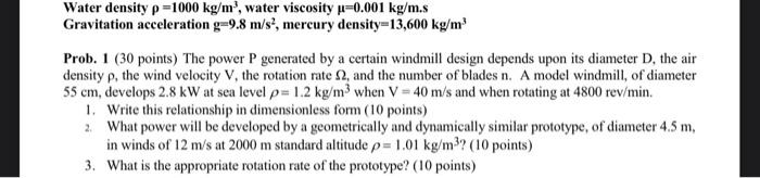 Solved Water density ρ=1000 kg/m3, water viscosity μ=0.001 | Chegg.com