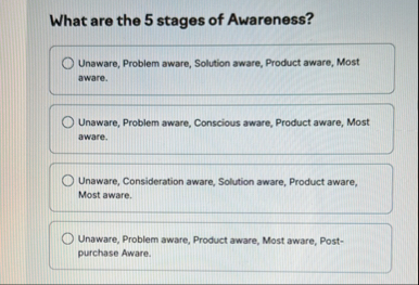 Solved What are the 5 ﻿stages of Awareness?Unaware, Problem | Chegg.com