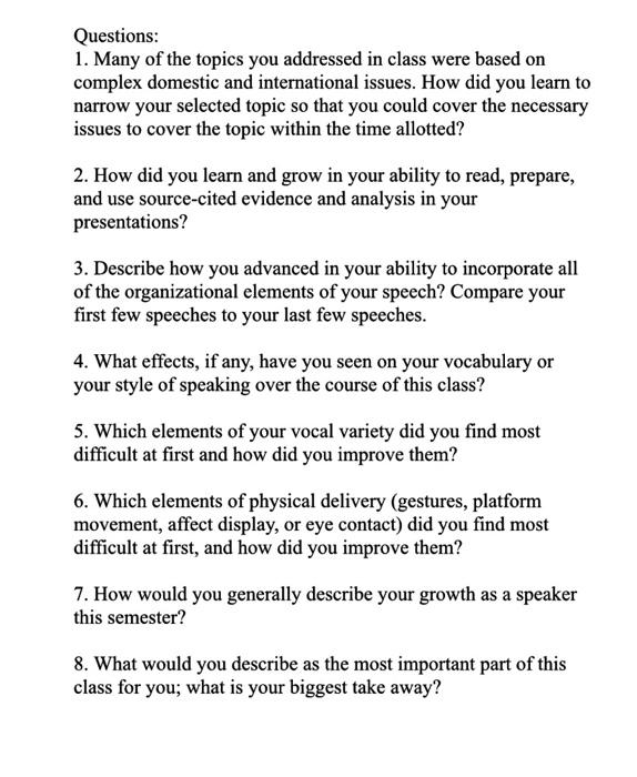 Questions: 1. Many of the topics you addressed in | Chegg.com