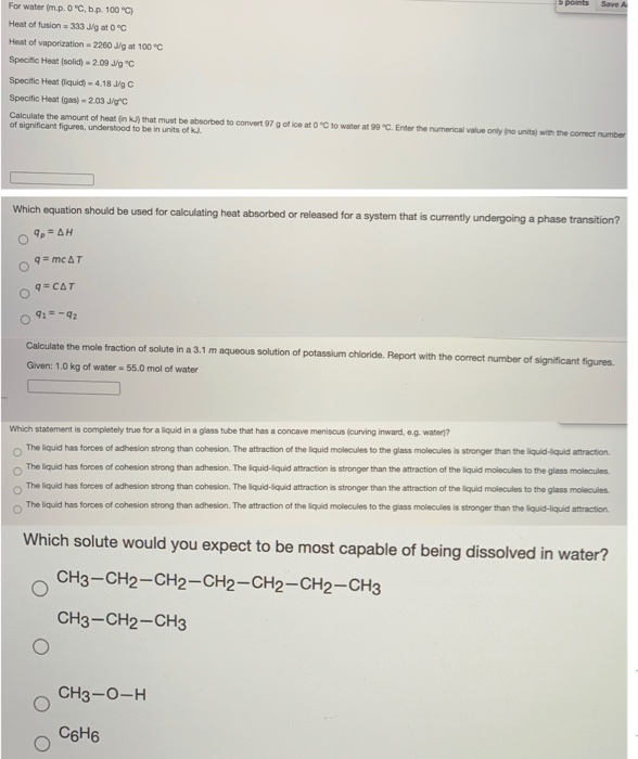 Solved 5 Points Save A For Water Im P O C B P 100 C Chegg Com