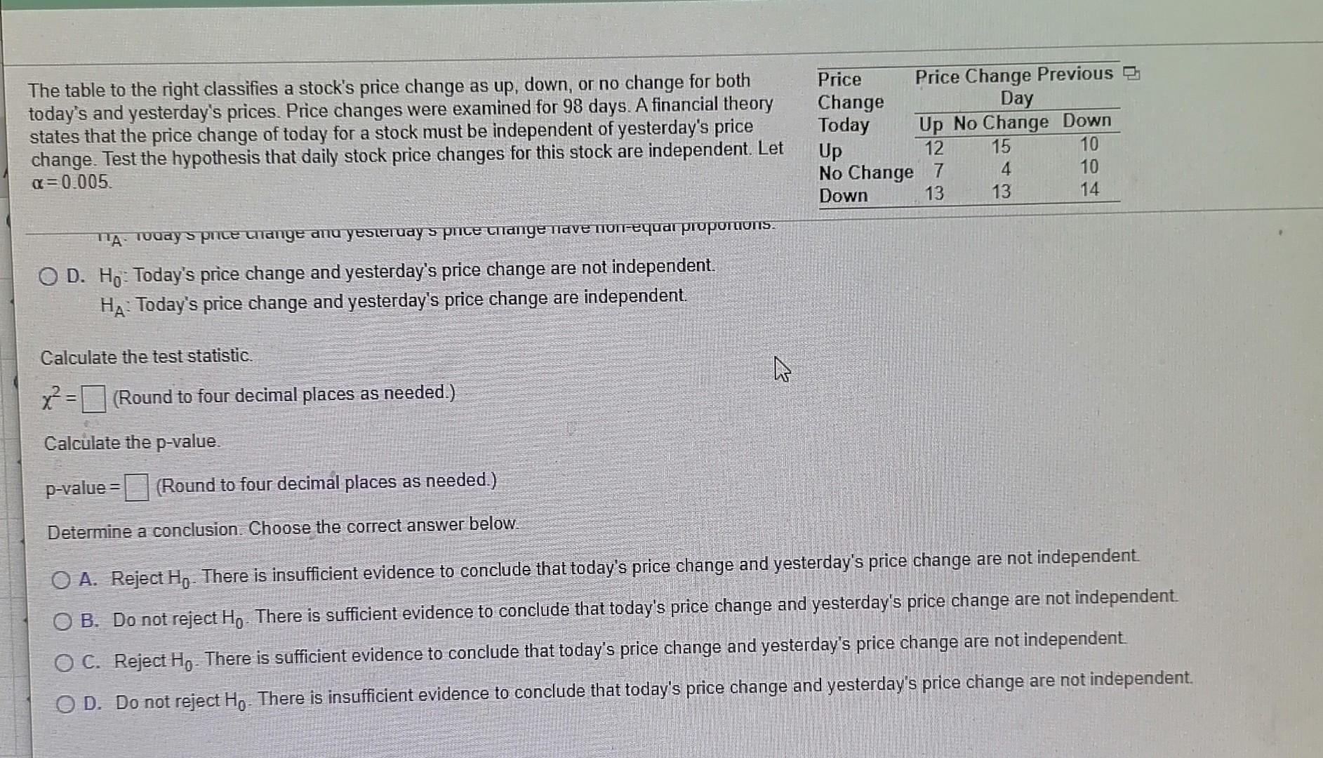 Solved The table to the right classifies a stock s price Chegg