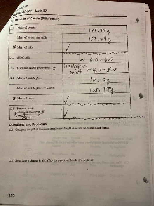 Solved 2. Isolation of Casein (Milk Protein) Sheet Lab 37