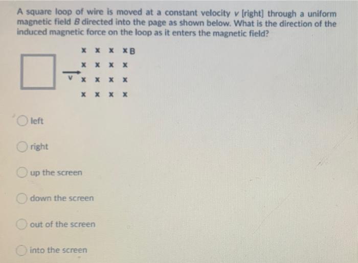 Solved A square loop of wire is moved at a constant velocity | Chegg.com