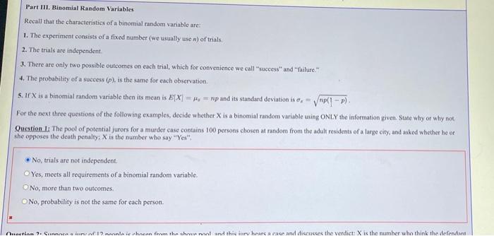 Solved Part III. Binomial Random Variables Recall that the | Chegg.com