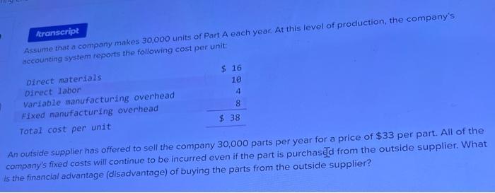 Solved Assume That A Company Makes Units Of Part A Chegg Com