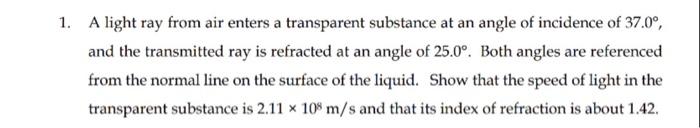 Solved 1. A light ray from air enters a transparent | Chegg.com