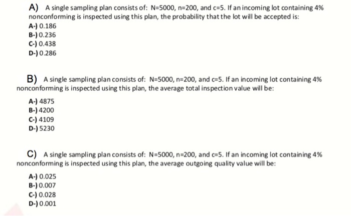 Solved A) A single sampling plan consists of: N=5000, n=200, | Chegg.com