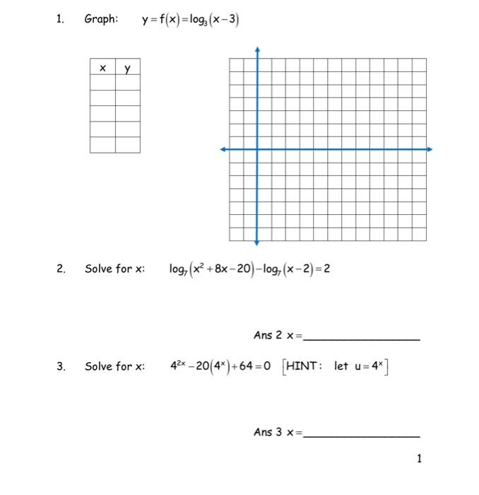 Solved 1 Graph Y F X Log X 3 X Y 2 Solve For X Log Chegg Com